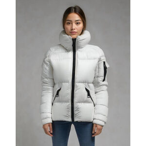 SAM. Women's Goose‎ Down Puffer Jacket Off White Black Trim High Collar Sz Small